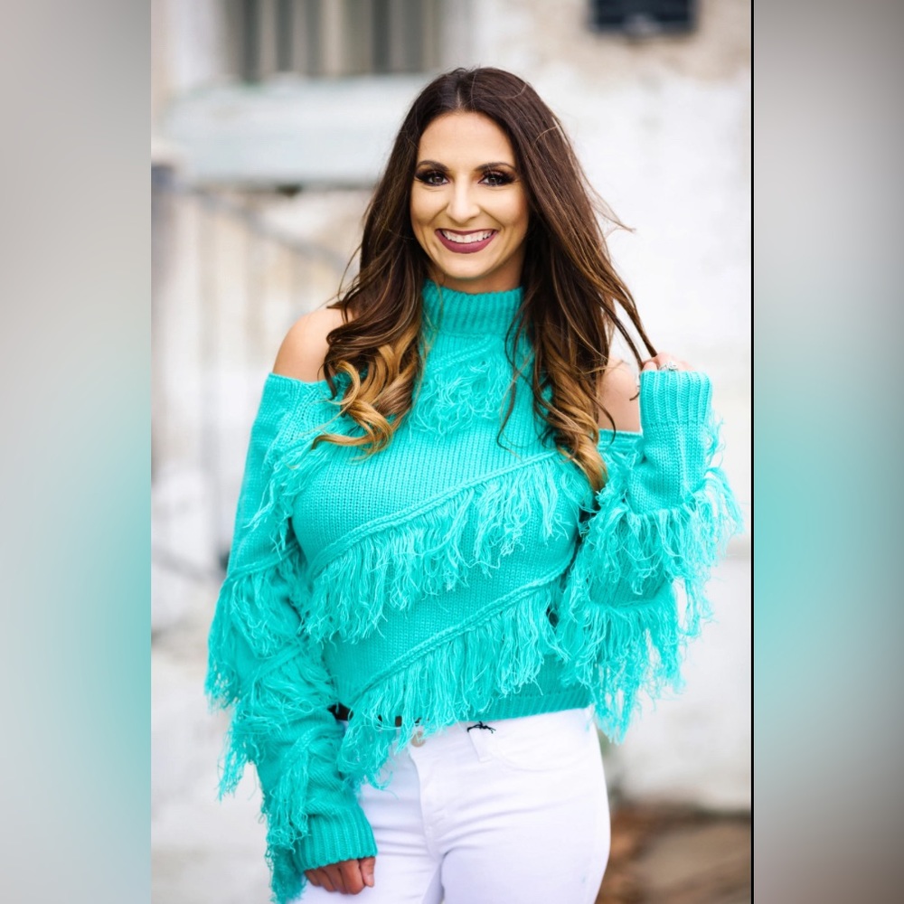 Aqua Cold Shoulder Fringe Sweater Size Small / Medium Boho Southwestern